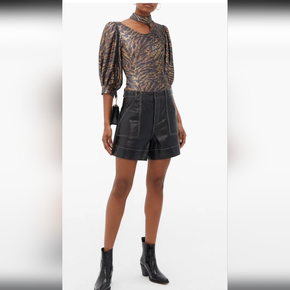 Ganni Tiger-print Puff-Sleeve lurex-knit top